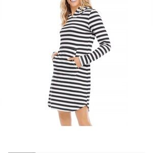 Karen Kane Black & White Striped Long-Sleeve Hoodie Dress